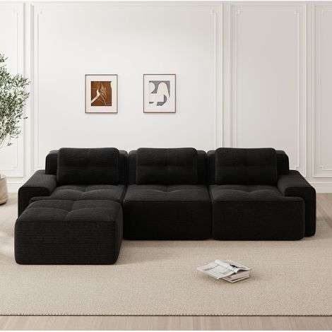 Sofá modular en forma de L con otomana, 3 plazas, pana, negro HAVRYA (1/5)