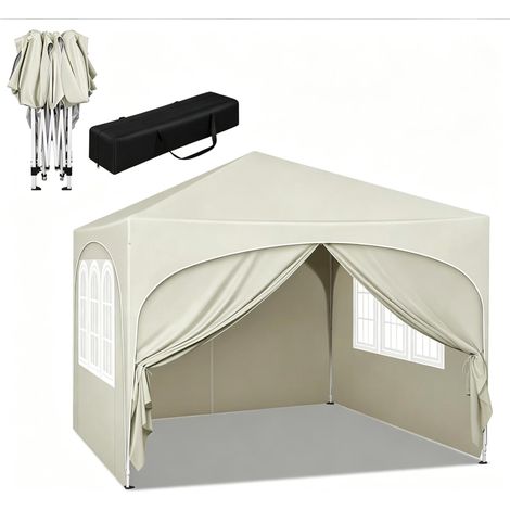 Faltbarer Gartenpavillon 3 x 3 m Beige mit Seitenwänden, Eisenrahmen, Oxford-210D-Dach (1/5)