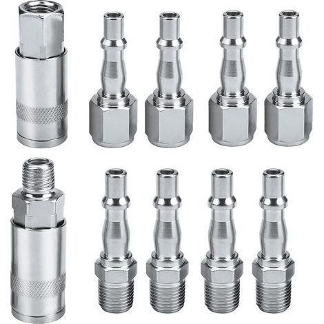 Lot de 10 Raccords Rapides 1/4'' BSP pour Compresseur d'Air, Coupleurs Mâle et Femelle pour Tuyau d'Air Compressé Industriel