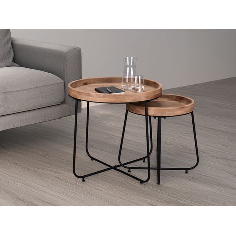 Couchtisch 2 teilig rund Metallgestell Schwarz, Tischplatte Holzoptik (1/5)