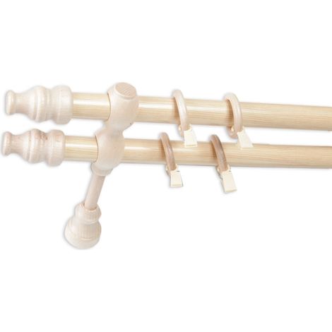Monmobilierdesign – Tringle à rideau en bois Ø 28 mm – Longueur 300 cm – Modèle double avec supports muraux inclus – Installation facile avec anneaux à pinces