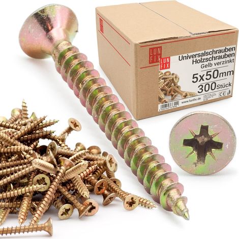 5,0 x 50 mm Holzschrauben – 300 Stück – Gelb verzinkter Stahl – Vollgewinde, selbstbohrend – Für Terrassendielen und Paneele – Senkkopf PZ2 (1/5)