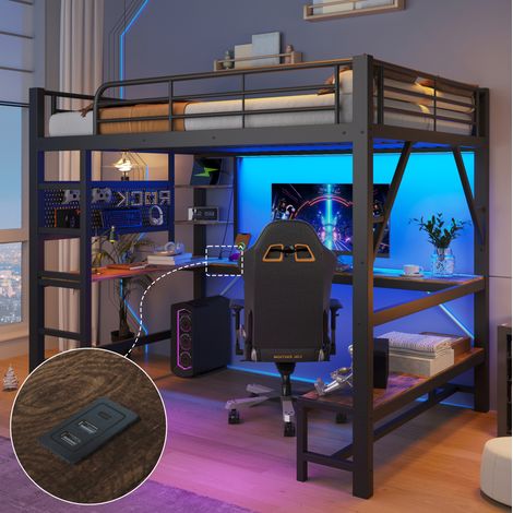 MODFU – Cama alta para adultos 160x200 cm de metal/MDF con escritorio, LED, USB/Type-C, compartimentos y carga 150 kg – Negro (1/5)