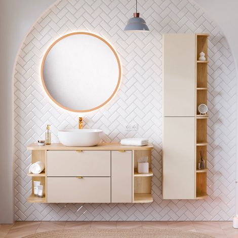 Insieme mobile lavabo singolo 120cm 3 cassetti nicchie arrotondate colonna e specchio LED Azel Cachemire e Bois (1/5)