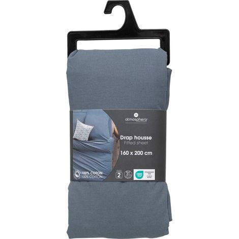 Drap housse 2 Personnes en Coton Bleu Orage 160 x 200 cm - Atmosphera