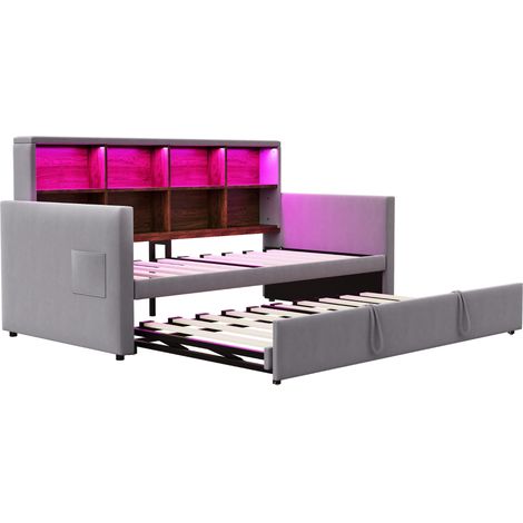 Letto divano 90x190 cm in velluto grigio scuro con contenitori, LED e prese - MODENUIT (1/5)