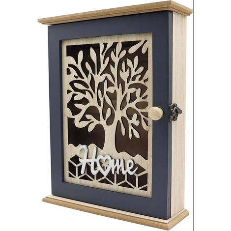 Boîte à Clés en Bois avec Motif Arbre de Vie 28.5x22x7cm Armoire à Clés avec 6 Crochets Murale Décorative pour Entrée Couloir Chambre (1/5)