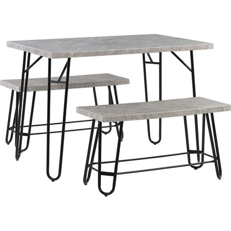 Set da Pranzo Impiallacciato in Marmo Grigio e Nero 2 Panche 4 Posti Kempton