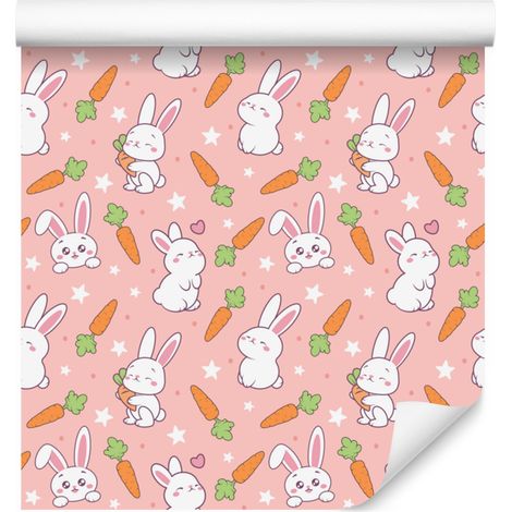 Papel pintado de conejos en coral, blanco y melocotón para salón y dormitorio, 50x1000 cm. (1/5)