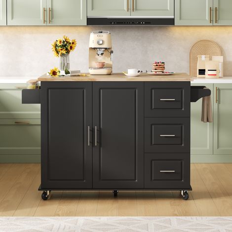 Isola da cucina 137x43x92 cm nera in MDF con piano pieghevole, 3 cassetti, armadietto e ruote (1/5)