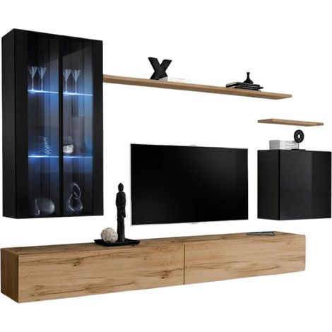 Composizione murale SWITCH XII – Mobili TV, vetrine LED, cubo e scaffali – Rovere Wotan e nero lucido – Design moderno
