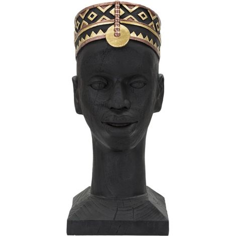 Scultura Uomo Masai busto in resina nera con copricapo decorato