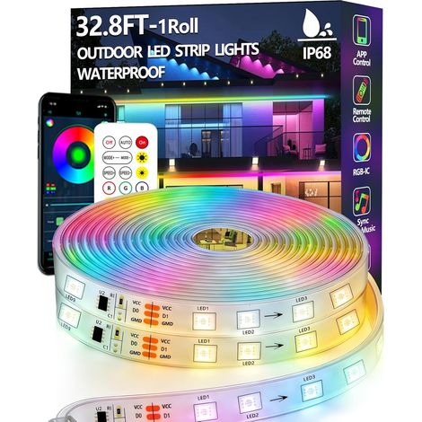 Bandeau lumineux LED extérieur étanche IP68 de 10 m, RGB+IC, avec application/télécommande, mode poursuite, synchronisation musicale, idéal pour balcon, terrasse, toit, jardin et piscine. (1/5)