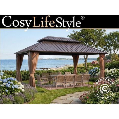 Gazebo Santa Fe Steel+ w/curtains and mosquito net, 3.65x4.85 m, Brown - Dancover