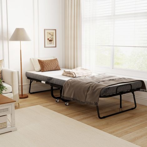 Lit d'appoint pliant, lit de voyage à roulettes, matelas, acier, blanc et noir (1/4)