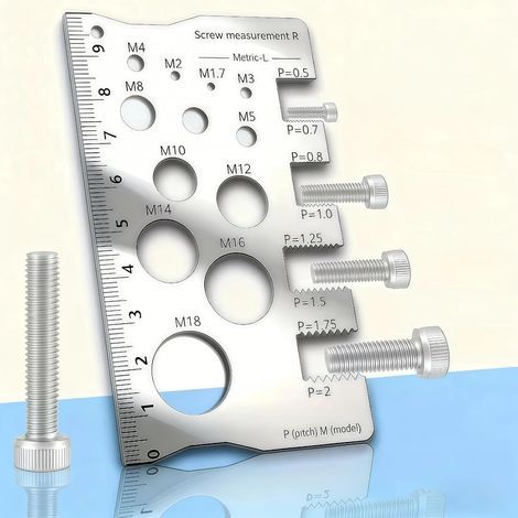 Stainless Steel Screw Measuring Ruler Precision Thread and Distance Measuring Tool for Screws, Bolts, Nuts Durable, Rust-Resistant, Thick Forged Design (1/5)