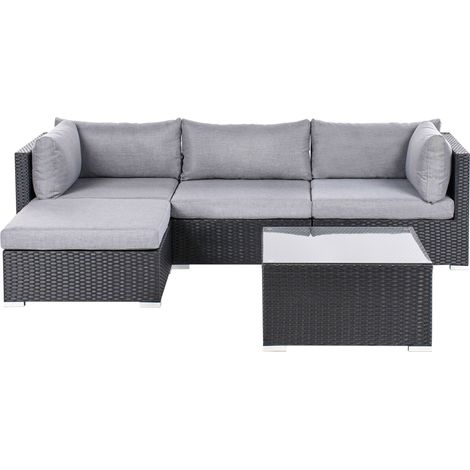 Divano da giardino con tavolino quadrato in vimini nero e rattan grigio Cuscini Sano (1/5)