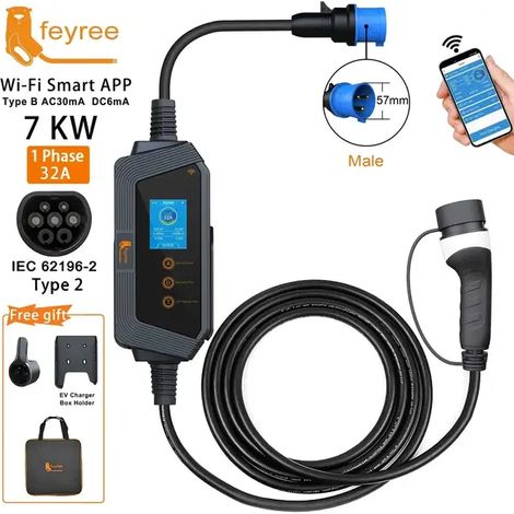 Feyree Chargeur pour véhicule électrique Type 2 32 A 7 kW, charge rapide, contrôle intelligent par application et Wi-Fi, boîtier de charge portable avec support pour chargeur de voiture électrique (1/5)