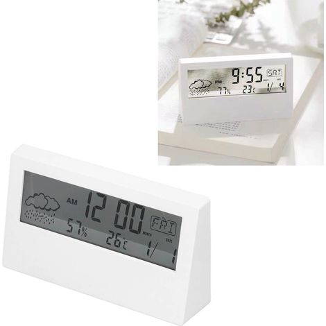 Sveglia LCD trasparente multifunzione con ampio schermo, alimentata a batteria, per casa e viaggi, bianca (1/5)
