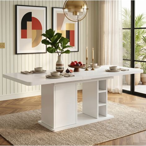 Tavolo da pranzo allungabile 140/180 cm, da 6 a 8 posti, con vano contenitore, stile scandinavo, MDF bianco (1/5)