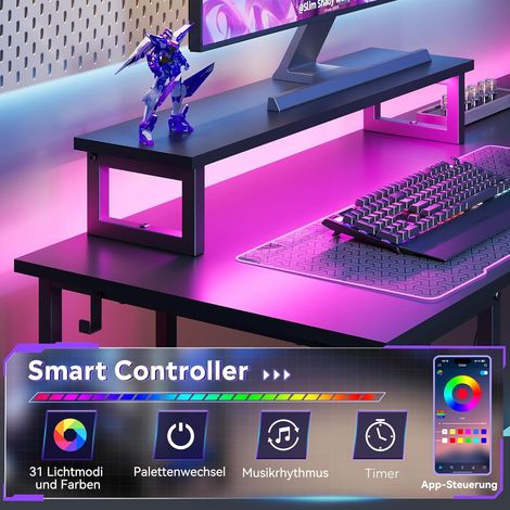 Irovami Bureau gaming 2-en-1 – Convertible L ou I, RGB 60 000 couleurs, 2 prises + 2 USB, support écran – Noir (1/4)