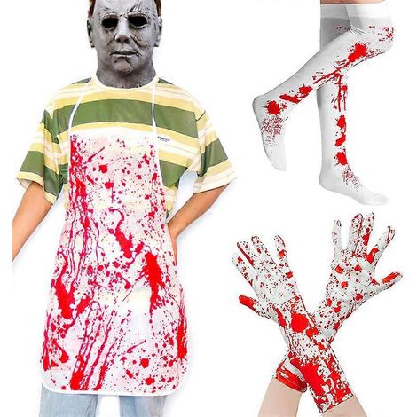 3-teiliges Halloween-Set mit blutigem Aufdruck: Schürze, Socken und Handschuhe. Gruselige, blutbespritzte Mordmotive für Halloween. Unisex-Küchenlatz zum Grillen, Kochen und Backen. (1/5)