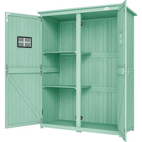 Wooden Garden Shed Two Windows, Tool Storage Cabinet, Outdoor Double Door organiser 127.5L x 50W x 164H cm, Green (1/5)