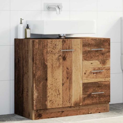 Meuble sous lavabo 3 tiroirs avec porte en bois d’ingénierie vieux bois 63 x 30 x 54 cm - PANGIVO (1/5)