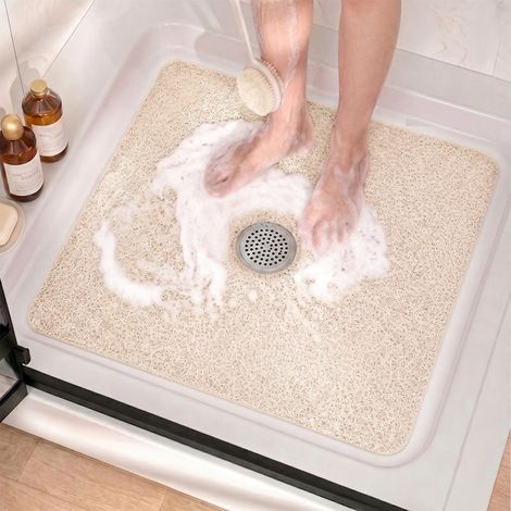 Tapis de Douche Antidérapant Carré avec Trou Central, PVC, 60x60cm Beige (1/5)