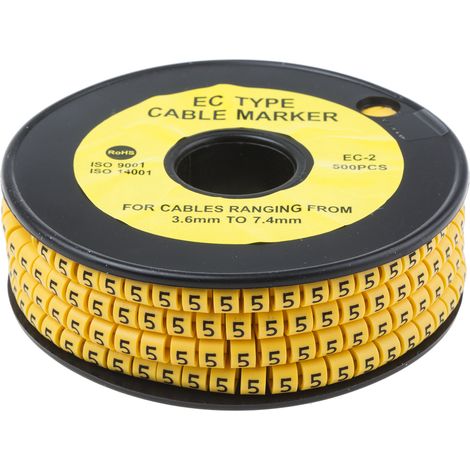 Repère câble , Ø câble 3.6 7.4mm, texte : 5, Noir sur Jaune ( Prix pour Bobine de 500 )