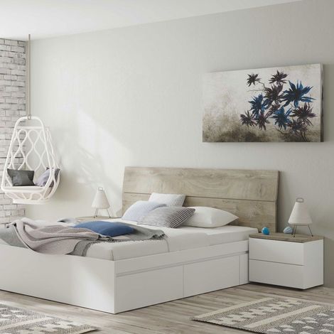 Tête de lit avec 2 tables de chevet – Dimensions 96 cm de hauteur, 256 cm de longueur, 34 cm de profondeur – Design moderne en mélamine blanche – Mirakemueble (1/10)