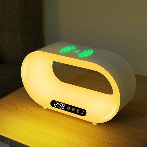 Nachtlicht zum Aufwachen, Lichtuhr mit kabellosem Ladegerät, Einschlafhilfe, Schlummertimer-Modus, 3-in-1-Nachtlicht, ideal als Geschenk, Home-Office, Gaming, Schlafzimmer, Kinderzimmer, Tageslichtwec