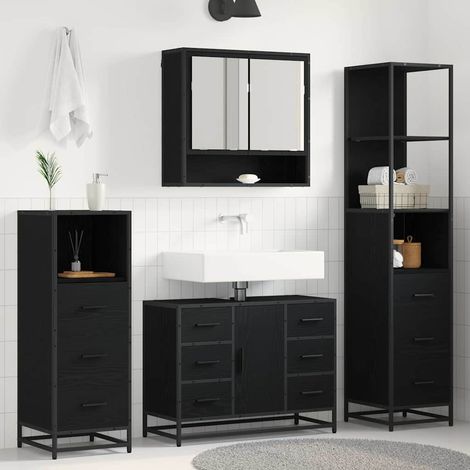 Badezimmermöbel-Set 3 pcs Schwarz Eichen-Optik Holzwerkstoff