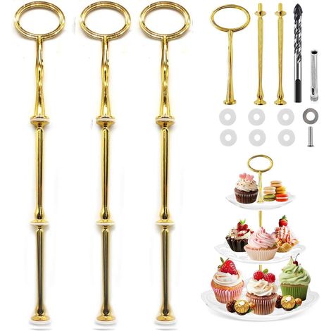 Etagere Stangen Set Gold 3 Stück Bastelset für Tortenständer mit Bohrer