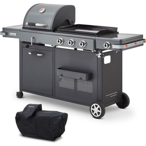 BRASERO BY FAVEX - Barbecue Plancha Bi-Energy XL Gaz & Charbon – Plancha fonte émaillée 60 x 42 cm – Grille 49 x 42 cm – 3 brûleurs 10,8 kW – 14 convives – LONGTIME® – Housse incluse
