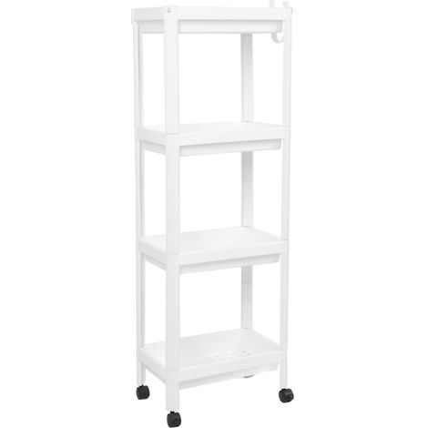 Étagère sur pied en plastique, système de rangement multifonctionnel pour salon, chambre et cuisine, blanche, 4 niveaux (avec roulettes) (1/5)
