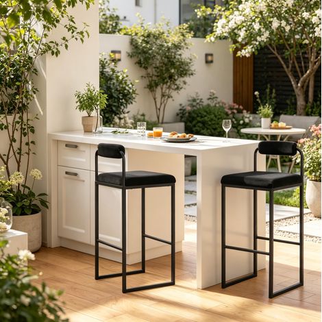 Taburete de Bar con Respaldo en Terciopelo y Estructura de Acero, con Reposapiés, Negro (1/5)