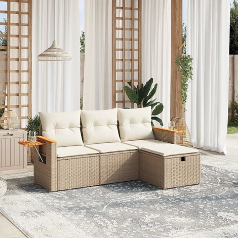 4-tlg. Garten-Sofagarnitur mit Kissen Beige Poly Rattan (1/4)