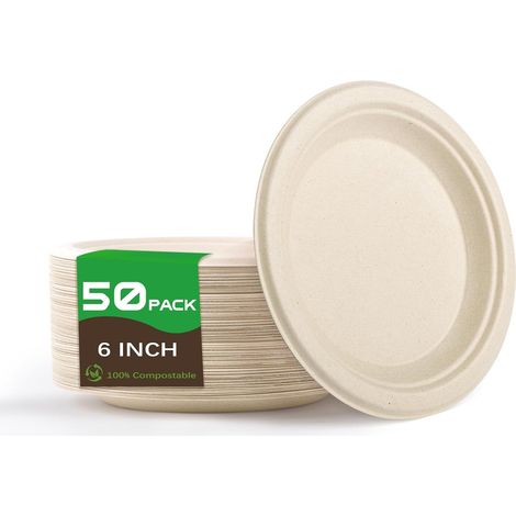 50 Pcs Assiettes Jetables, Assiettes Rondes en Canne à Sucre Biodégradables, Vaisselle en Carton Écologique pour Fête Anniversaires Camping Pique-Niques Barbecues (15.2cm, Couleur du Bois) (1/5)