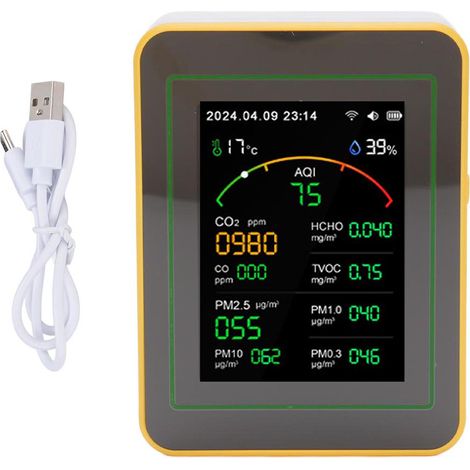 Eosnow Luftqualitätsdetektor 15 in 1 WIFI APP-Steuerung CO2 HCHO TVOC PM0,3 PM1,0 PM2,5 PM10 Temperatur Luftfeuchtigkeit Datum Uhrzeit Uhr Timer Tester Weiß Gelb