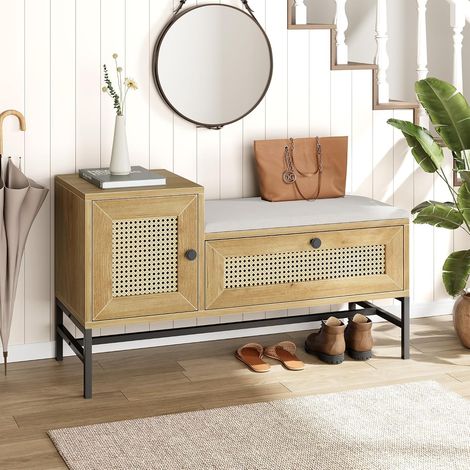 Banc à Chaussures en Rotin avec Rangement 2 Portes et Tiroir, Coussin Lin Marron Clair (1/5)