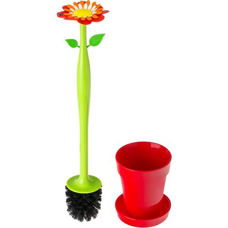 Flower Power Brosse WC avec Support, Design Marguerite Décoratif avec Base Pot de Fleur, Ensemble de Nettoyage pour Appartement et Salle de Bain Moderne, Rouge (1/5)