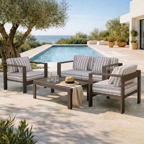 Salon de jardin 4 places en alu taupe et housse à rayures beiges (1/5)