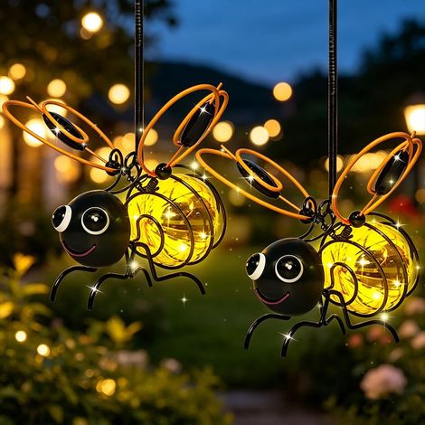 2 Pièces Lampe Abeilles Solaire,Étanche,Suspendu,Jardin,Cour TerrasseLampes Solaires à Suspendre en Forme d'Abeille pour Jardin,Lumière Solaire D'abeille avec Clipser et Ressorts [Classe énergétique (1/5)