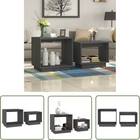 The Living Store Satztische 2 Stk. Grau Massivholz Kiefer - Sofa Tisch - Couchtisch Set - Kieferholzmöbel - Wohnzimmerschmuck - Nighstand (1/5)