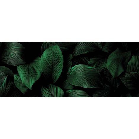 Tableau feuille vert et noir | Tableau sur toile moderne plante pour salle de bain | Tableau nature couleurs foncées pour chambre 1,0 x 0,4 m (1/2)