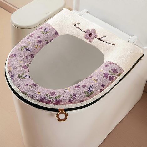 Housse de siège de toilette en peluche avec poignée et fermeture éclair, douce et chaude, lavable, violette pour l'hiver (1/5)