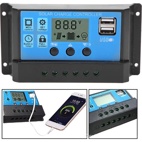 Contrôleur/régulateur de système photovoltaïque Blue Solar automatique PWM LCD double port USB 5 V, 10 A (1/5)