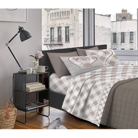 Completo Letto Stampato Made In Italy 100 % Cotone Set Lenzuolo Sopra Sotto Federe Lovelycheck Beige - Singolo