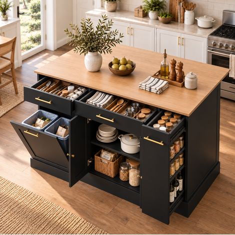 MODFU – Isla de cocina 120 cm de aglomerado con tablero abatible, estante deslizante, compartimento para cubo de basura y carga 60 kg – Negro/natural (1/5)
